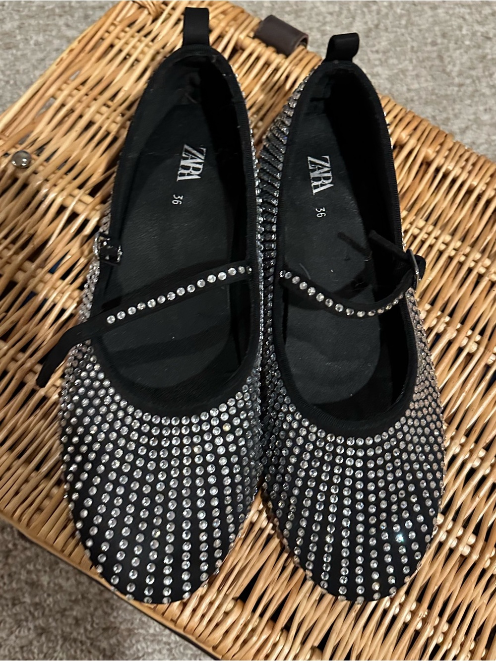 Zara Black Crystal-Studded Mary Jane Flats Sz 36 Never Worn